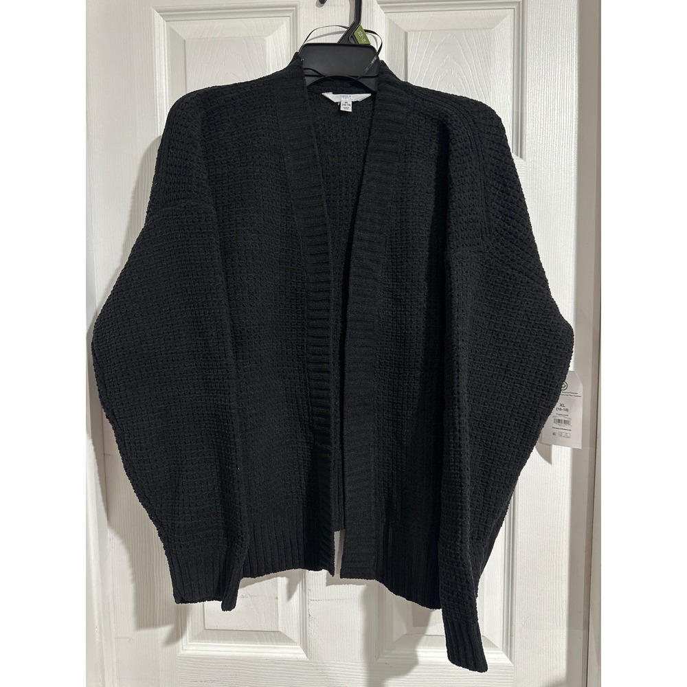 Time and Tru Women XL Black Soot Chenille Waffle Knit Open Cardigan TT363601